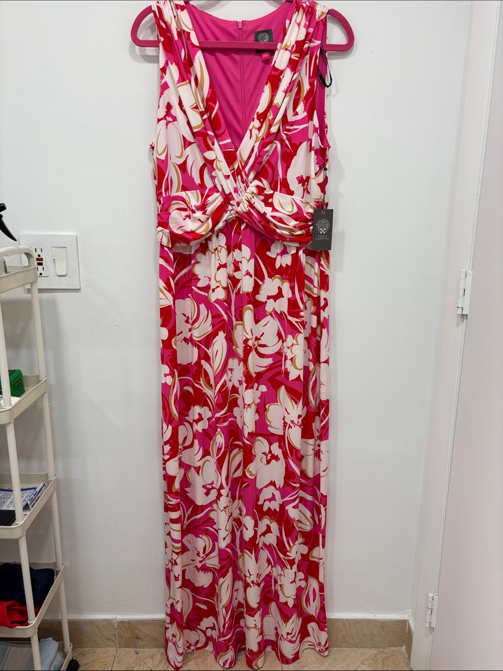 Vince Camuto Hot Pink, Cream & Red Floral Twist-Front Maxi Dress